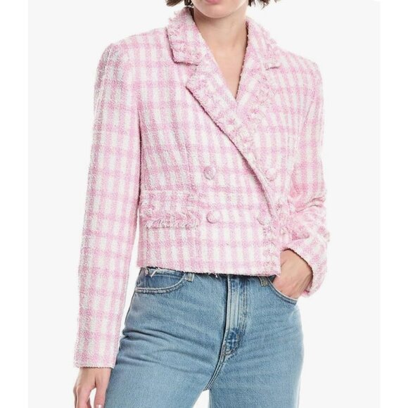 English Factory Women’s Boucle Blazer Pink White Check Size Medium jacket tweed - Picture 1 of 9